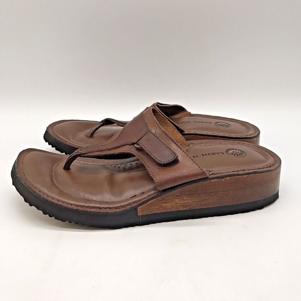 Earth Shoe Birch Sandals Women's 8 Brown Leather with Wood Footbed Thong 4287556